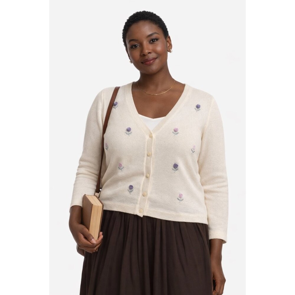 D.J. Simmons Embroidered Floral Cardigan Sweater Size 10 Made USA Knit